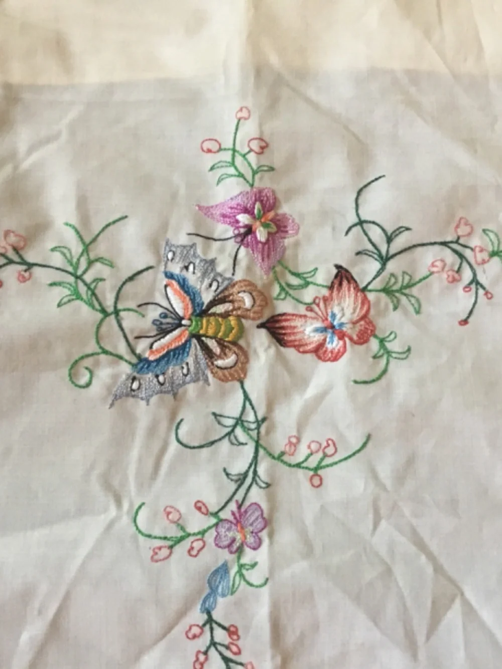 Vintage Chinese embroidered  pinafore cotton apron bone with multi color floral